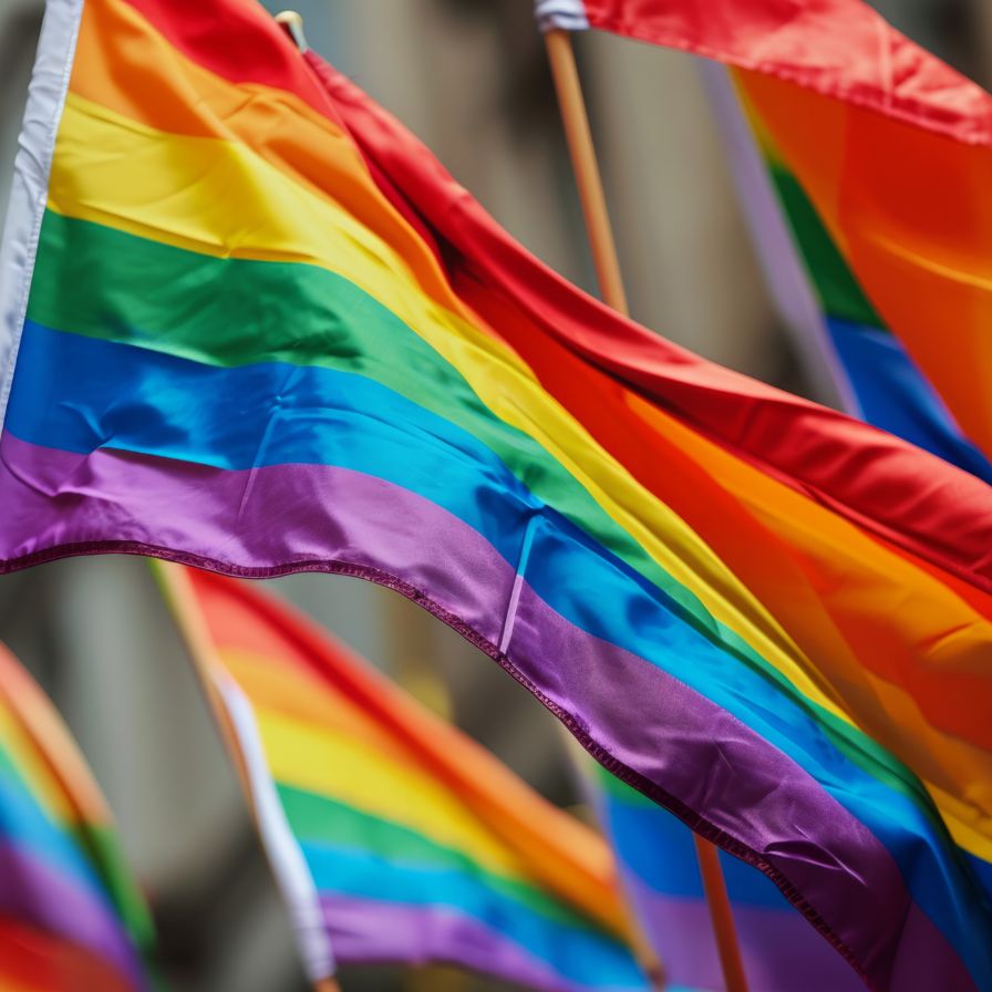 Multiple vibrant rainbow flags waving, symbolizing LGBTQ+ pride and diversity.